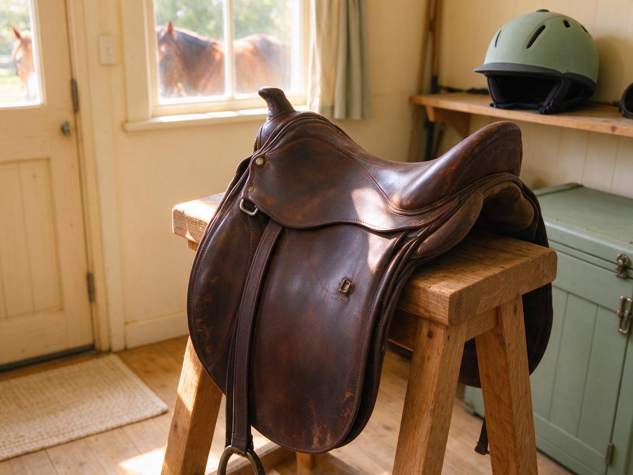 A well-used saddle and riding helmet in a tack room