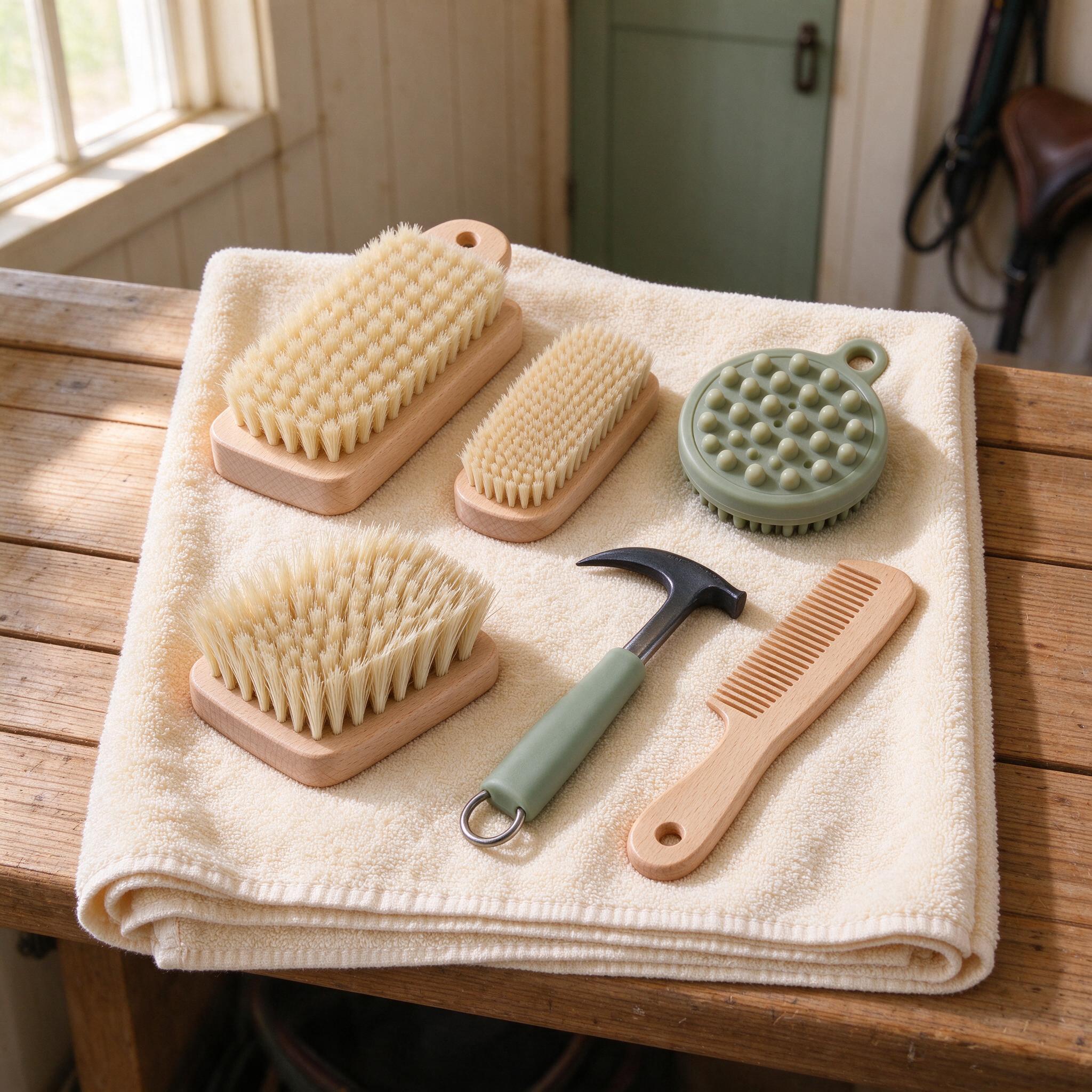 Horse-grooming brushes and a comb on a folded towel