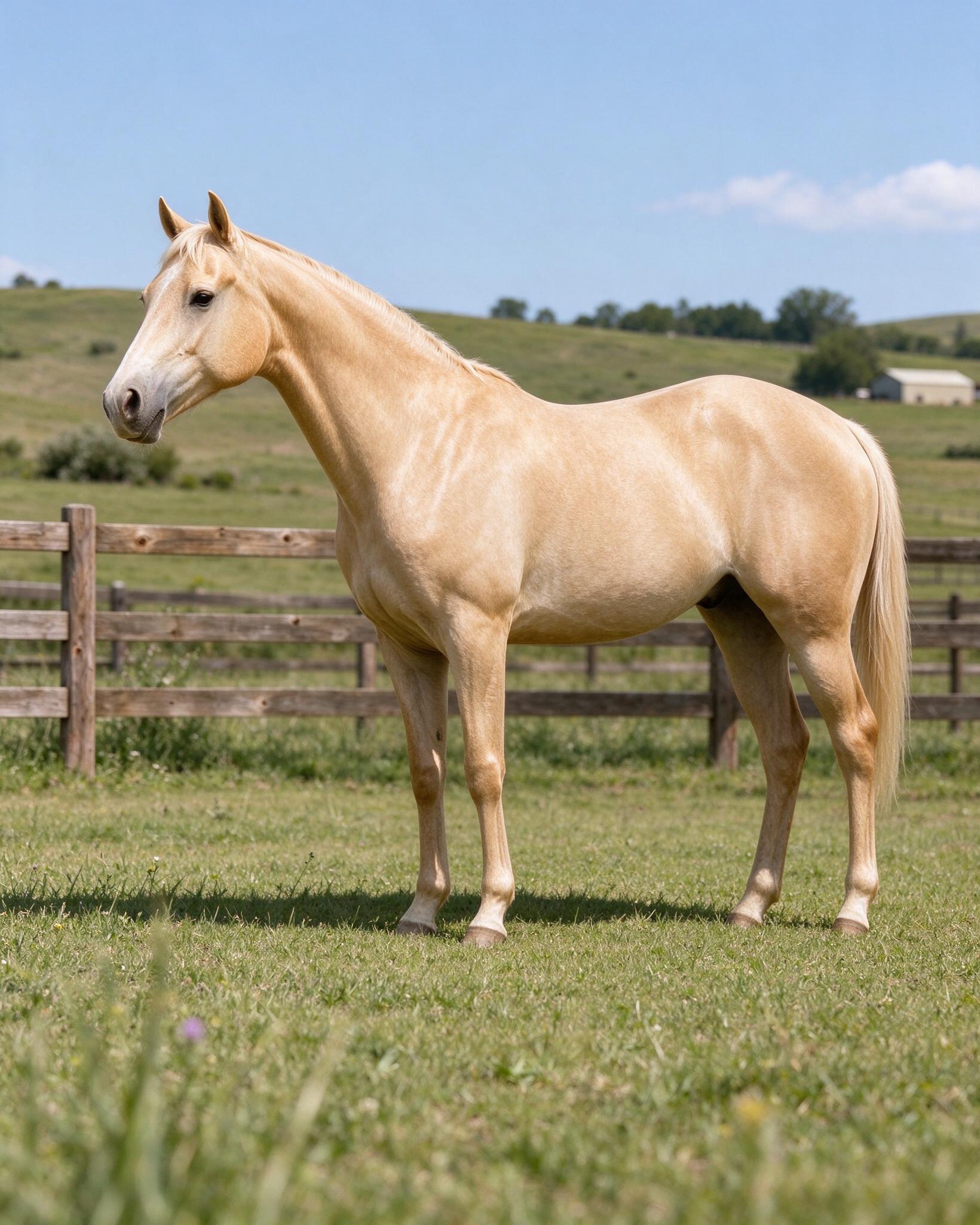 A freshly groomed palomino horse by a paddock fence