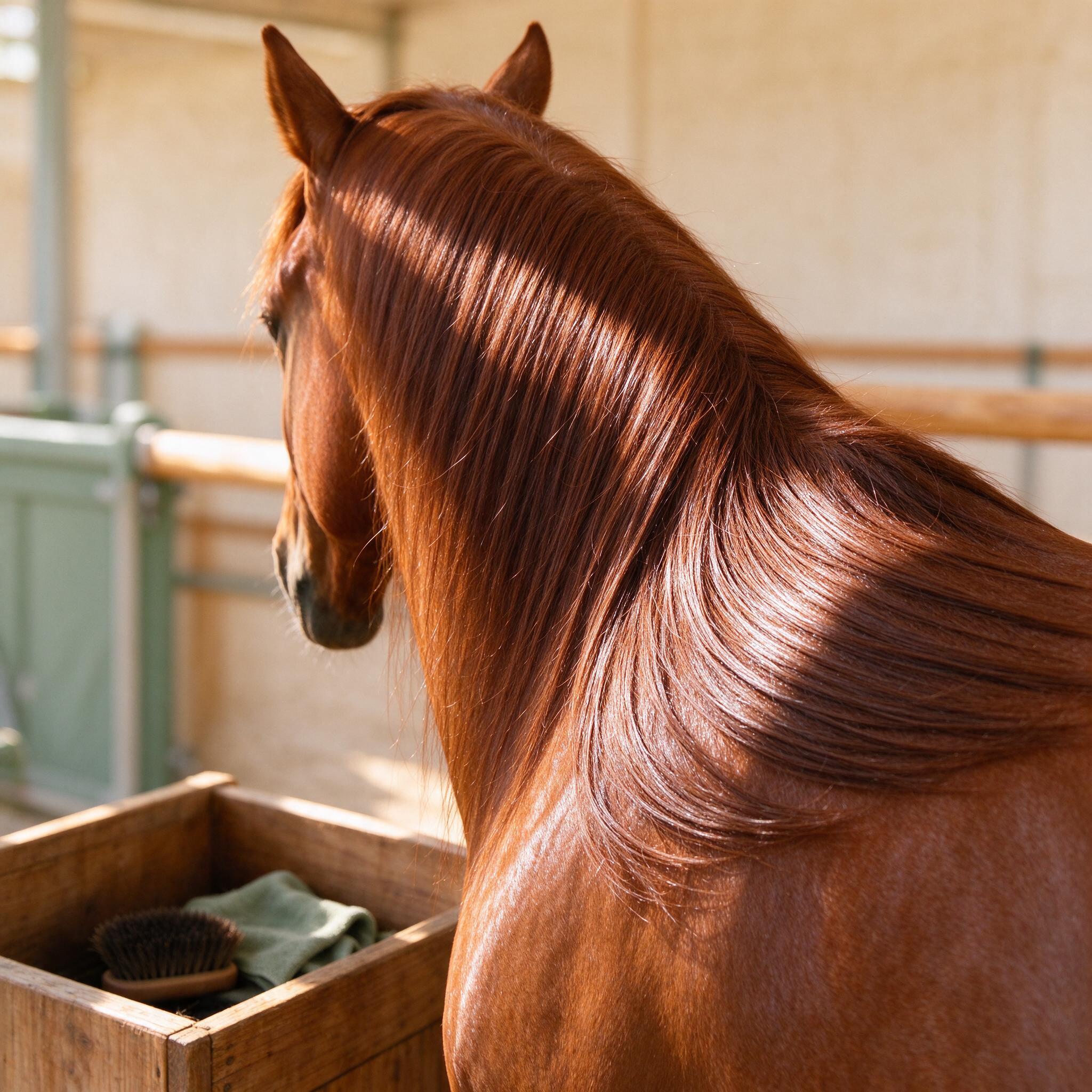 A horse’s neatly groomed mane in warm sunlight