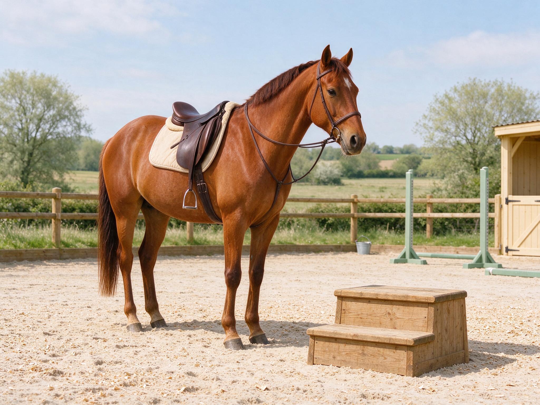 A saddled horse waiting beside a mounting block