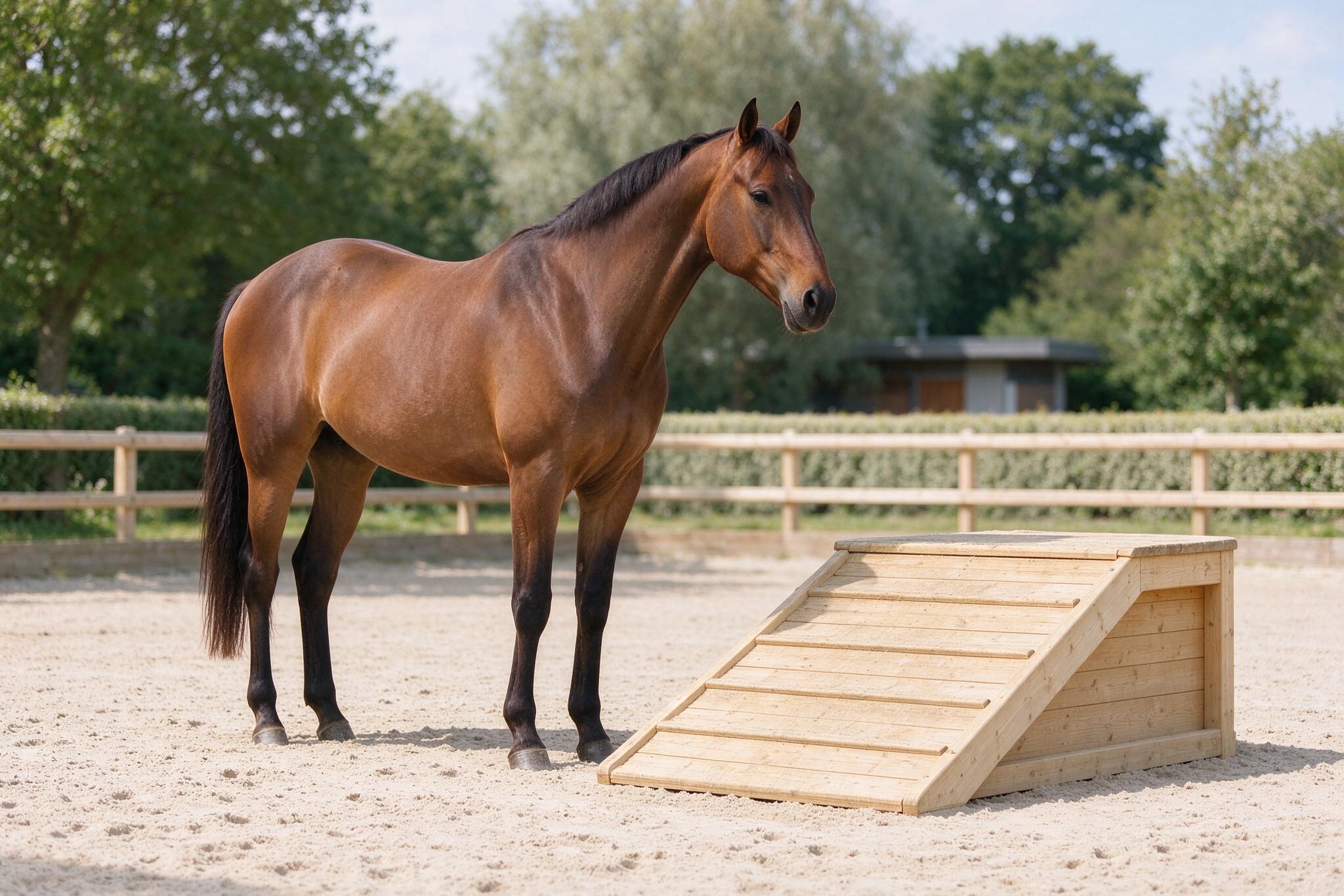 A gentle horse beside a low mounting ramp